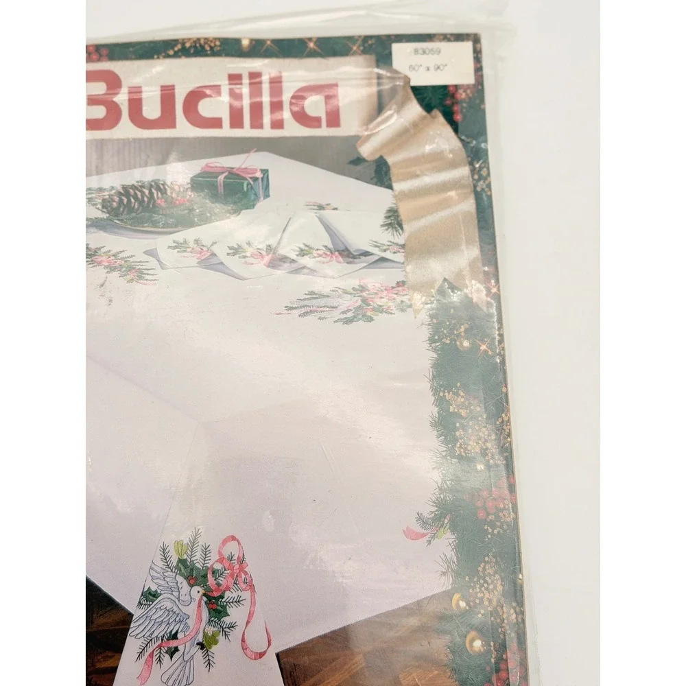 Bucilla Doves & Holly Stamped Embroidery Tablecloth Kit 60x90 Vintage 83059